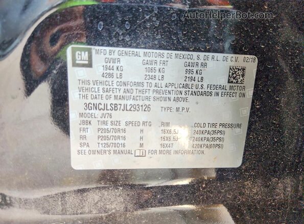 3GNCJLSB7JL293126 2018 CHEVROLET TRAX Black Vista de la etiqueta del VIN