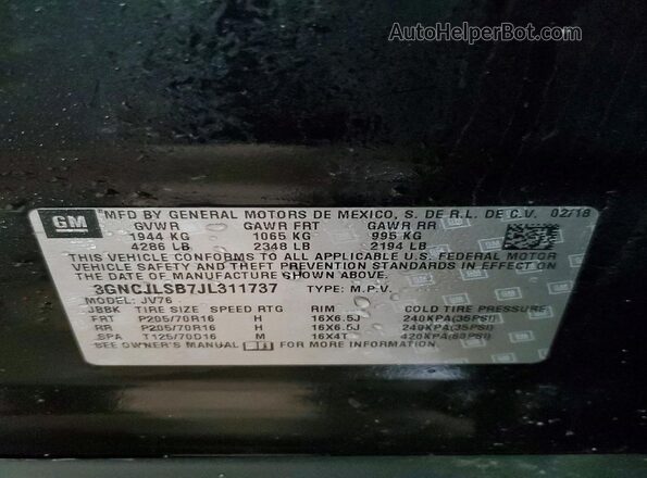 3GNCJLSB7JL311737 2018 CHEVROLET TRAX Black VIN կոդի պիտակի տեսք