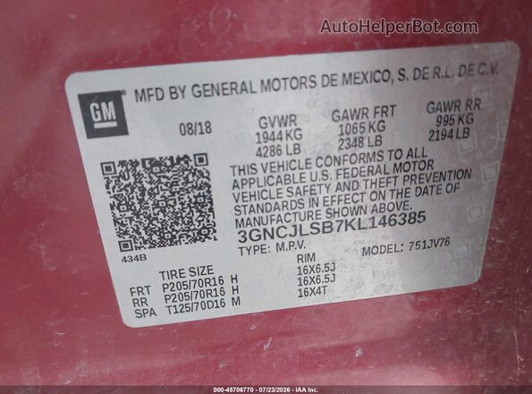 3GNCJLSB7KL146385 2019 CHEVROLET TRAX Red Widok komory silnika