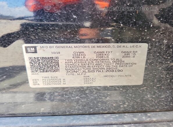 3GNCJLSB7KL208190 2019 CHEVROLET TRAX Black Vista del compartimento del motor
