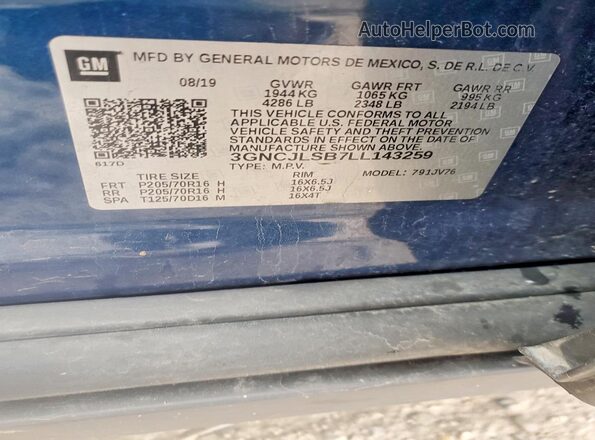 3GNCJLSB7LL143259 2020 CHEVROLET TRAX Синий Панорамный вид салона 360°