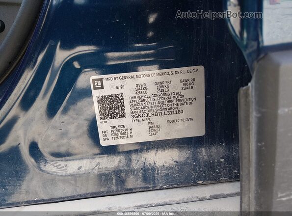 3GNCJLSB7LL311160 2020 CHEVROLET TRAX Blue Widok komory silnika