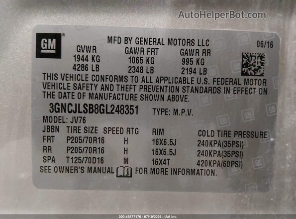 3GNCJLSB8GL248351 2016 CHEVROLET TRAX Желто-коричневый Вид подкапотного пространства