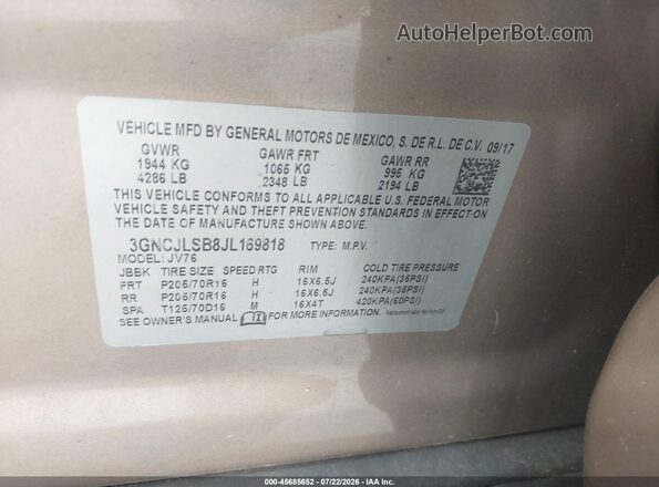 3GNCJLSB8JL169818 2018 CHEVROLET TRAX Tan Engine compartment view