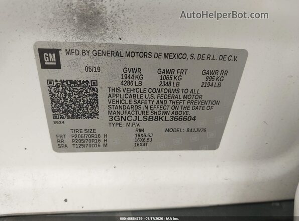3GNCJLSB8KL366604 2019 CHEVROLET TRAX White ძრავის განყოფილების ხედი