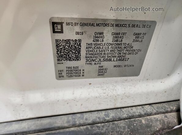 3GNCJLSB8LL146817 2020 CHEVROLET TRAX White Vista de la etiqueta del VIN