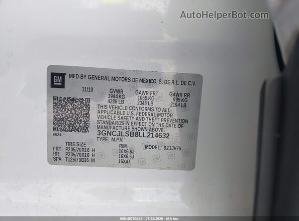 3GNCJLSB8LL214632 2020 CHEVROLET TRAX White Widok komory silnika