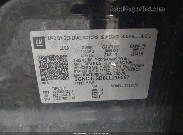 3GNCJLSB8LL216087 2020 CHEVROLET TRAX Black Widok naklejki z numerem VIN