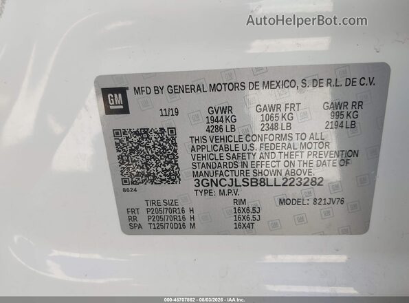 3GNCJLSB8LL223282 2020 CHEVROLET TRAX White Engine compartment view