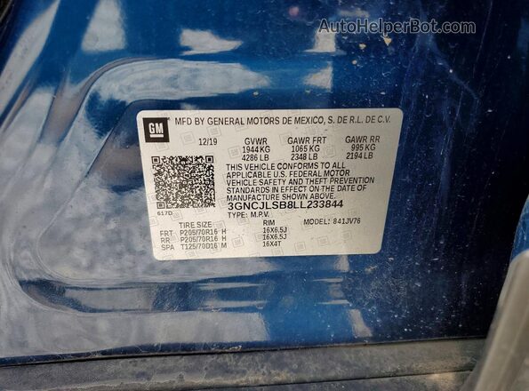 3GNCJLSB8LL233844 2020 CHEVROLET TRAX Blue VIN კოდის სტიკერის ხედი