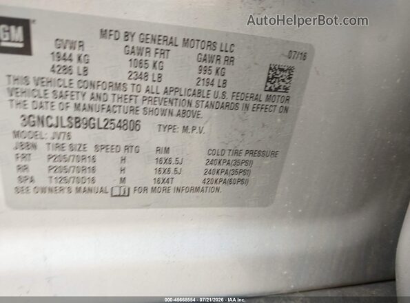 3GNCJLSB9GL254806 2016 CHEVROLET TRAX Silver Engine compartment view