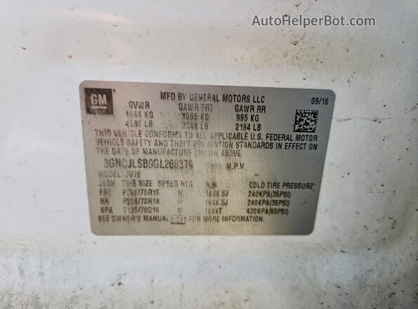 3GNCJLSB9GL268379 2016 CHEVROLET TRAX White Widok naklejki z numerem VIN