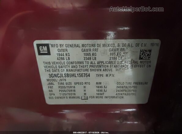 3GNCJLSB9HL156764 2017 CHEVROLET TRAX Red Շարժիչի բաժամունքի տեսք