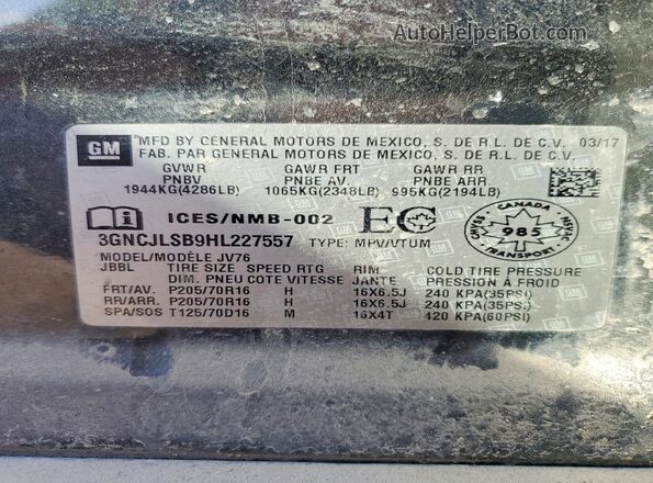 3GNCJLSB9HL227557 2017 CHEVROLET TRAX Charcoal VIN კოდის სტიკერის ხედი