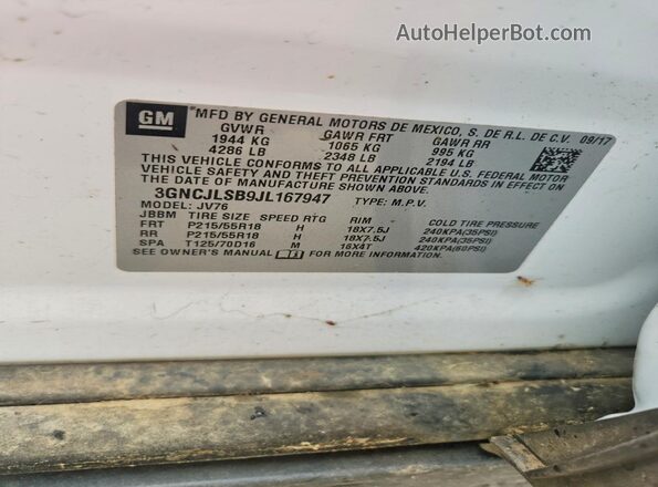 3GNCJLSB9JL167947 2018 CHEVROLET TRAX White Vista de la etiqueta del VIN