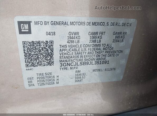 3GNCJLSB9JL351091 2018 CHEVROLET TRAX Beige Vista del compartimento del motor