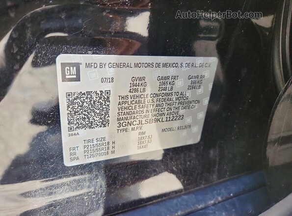 3GNCJLSB9KL112223 2019 CHEVROLET TRAX Black VIN sticker view