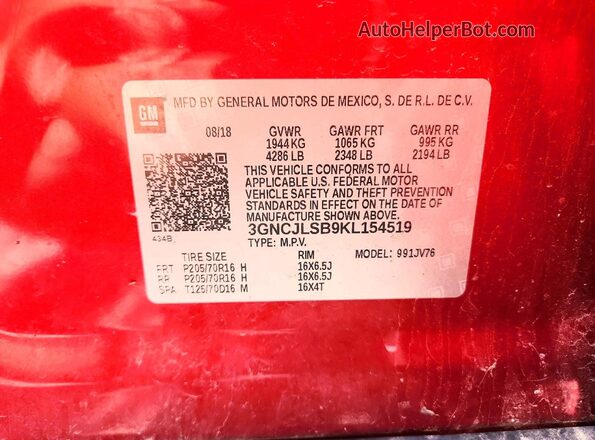 3GNCJLSB9KL154519 2019 CHEVROLET TRAX Red VIN sticker view