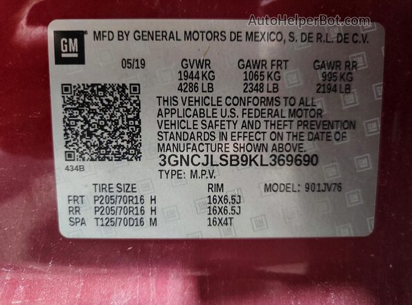 3GNCJLSB9KL369690 2019 CHEVROLET TRAX Burgundy ძრავის განყოფილების ხედი