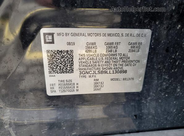 3GNCJLSB9LL130898 2020 CHEVROLET TRAX Black VIN sticker view
