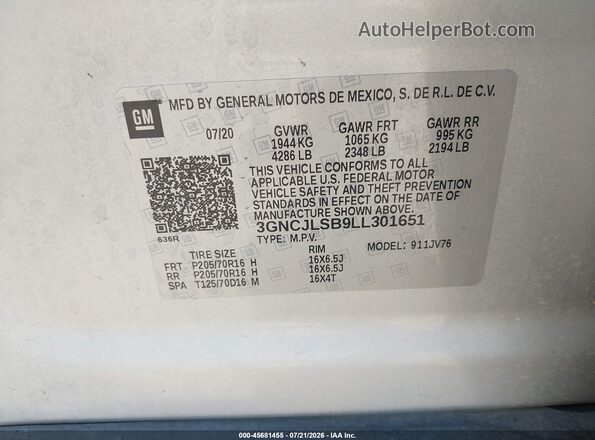 3GNCJLSB9LL301651 2020 CHEVROLET TRAX Silver Vista del compartimento del motor