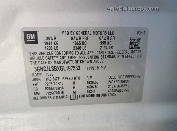 3GNCJLSBXGL197533 2016 CHEVROLET TRAX Silver VIN sticker view