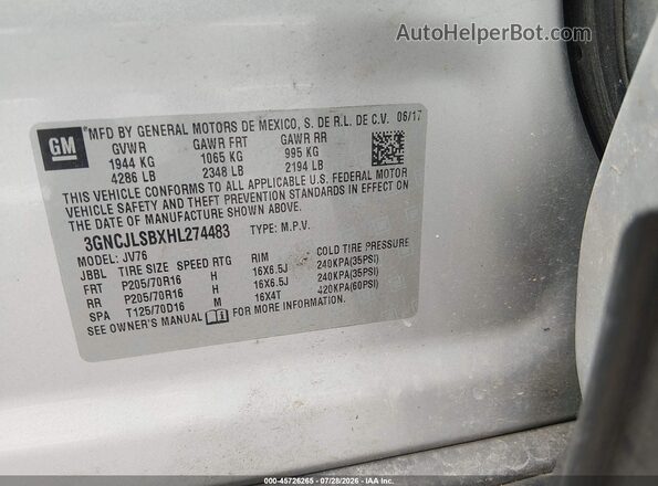 3GNCJLSBXHL274483 2017 CHEVROLET TRAX Silver Widok komory silnika