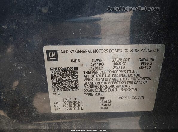 3GNCJLSBXJL352816 2018 CHEVROLET TRAX Dark Blue Vista del compartimento del motor