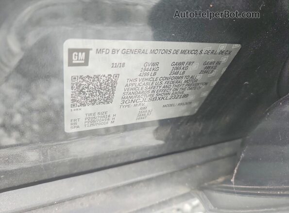 3GNCJLSBXKL232189 2019 CHEVROLET TRAX Gray Widok naklejki z numerem VIN