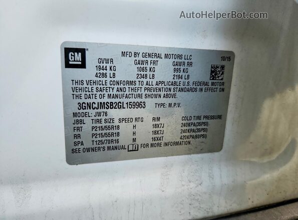 3GNCJMSB2GL159963 2016 CHEVROLET TRAX White VIN կոդի պիտակի տեսք