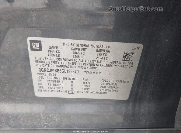 3GNCJMSB6GL199379 2016 CHEVROLET TRAX Gray ძრავის განყოფილების ხედი