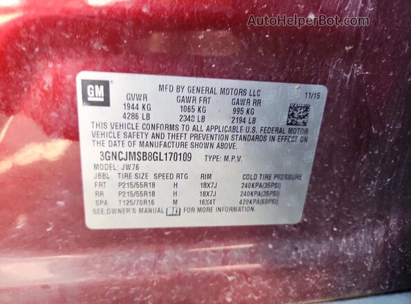 3GNCJMSB8GL170109 2016 CHEVROLET TRAX Бордовый Вид наклейки с VIN-кодом