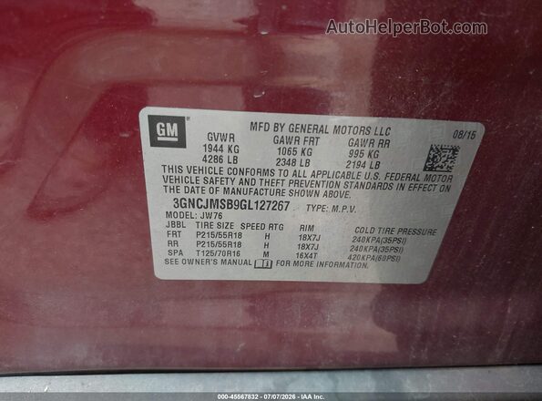 3GNCJMSB9GL127267 2016 CHEVROLET TRAX Red Engine compartment view