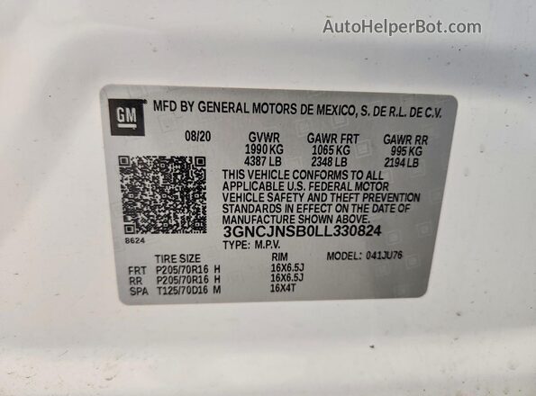 3GNCJNSB0LL330824 2020 CHEVROLET TRAX White Панорамний вид салону 360°