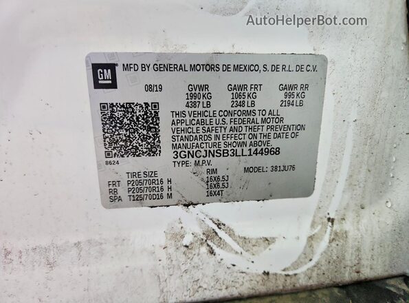 3GNCJNSB3LL144968 2020 CHEVROLET TRAX White VIN կոդի պիտակի տեսք
