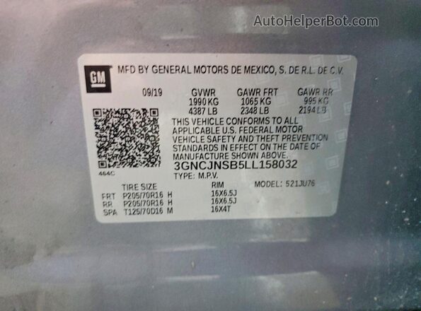 3GNCJNSB5LL158032 2020 CHEVROLET TRAX Silver Widok naklejki z numerem VIN