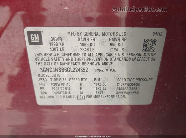 3GNCJNSB6GL224352 2016 CHEVROLET TRAX Red Շարժիչի բաժամունքի տեսք