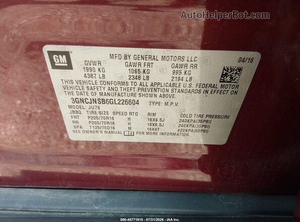 3GNCJNSB6GL226604 2016 CHEVROLET TRAX Red Շարժիչի բաժամունքի տեսք
