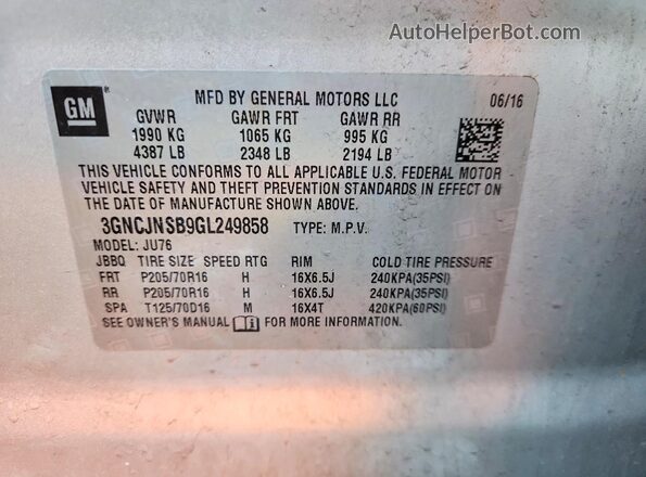 3GNCJNSB9GL249858 2016 CHEVROLET TRAX Silver VIN sticker view