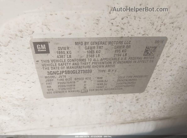 3GNCJPSB0GL273039 2016 CHEVROLET TRAX White Engine compartment view