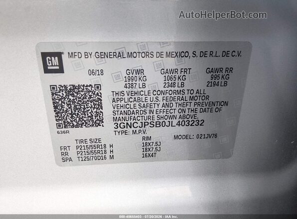 3GNCJPSB0JL403232 2018 CHEVROLET TRAX Silver ძრავის განყოფილების ხედი