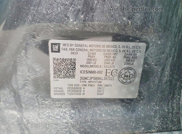 3GNCJPSB0KL357323 2019 CHEVROLET TRAX Gray VIN կոդի պիտակի տեսք