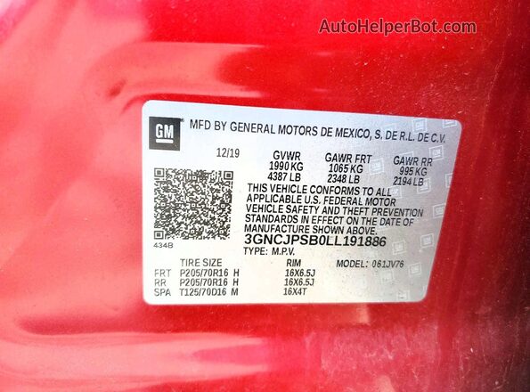 3GNCJPSB0LL191886 2020 CHEVROLET TRAX Red Вид наклейки з VIN-кодом