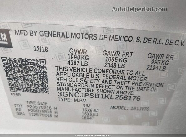 3GNCJPSB1KL256176 2019 CHEVROLET TRAX Silver ძრავის განყოფილების ხედი