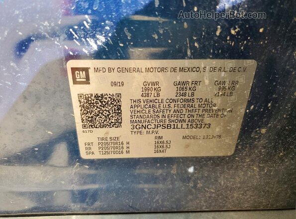 3GNCJPSB1LL153373 2020 CHEVROLET TRAX Blue Vista del compartimento del motor