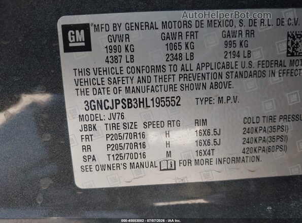 3GNCJPSB3HL195552 2017 CHEVROLET TRAX Gray Vista del compartimento del motor