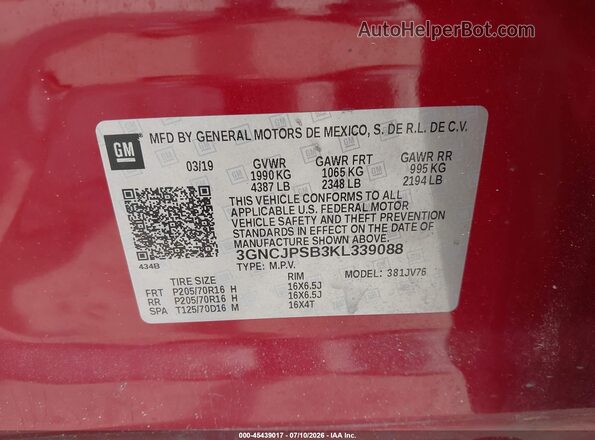 3GNCJPSB3KL339088 2019 CHEVROLET TRAX Red Вид наклейки з VIN-кодом