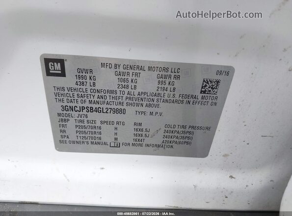 3GNCJPSB4GL279880 2016 CHEVROLET TRAX White Engine compartment view