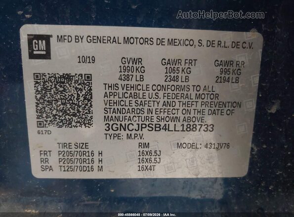 3GNCJPSB4LL188733 2020 CHEVROLET TRAX Dark Blue Вид подкапотного пространства