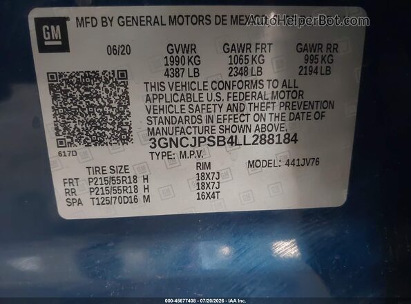 3GNCJPSB4LL288184 2020 CHEVROLET TRAX Blue Widok komory silnika